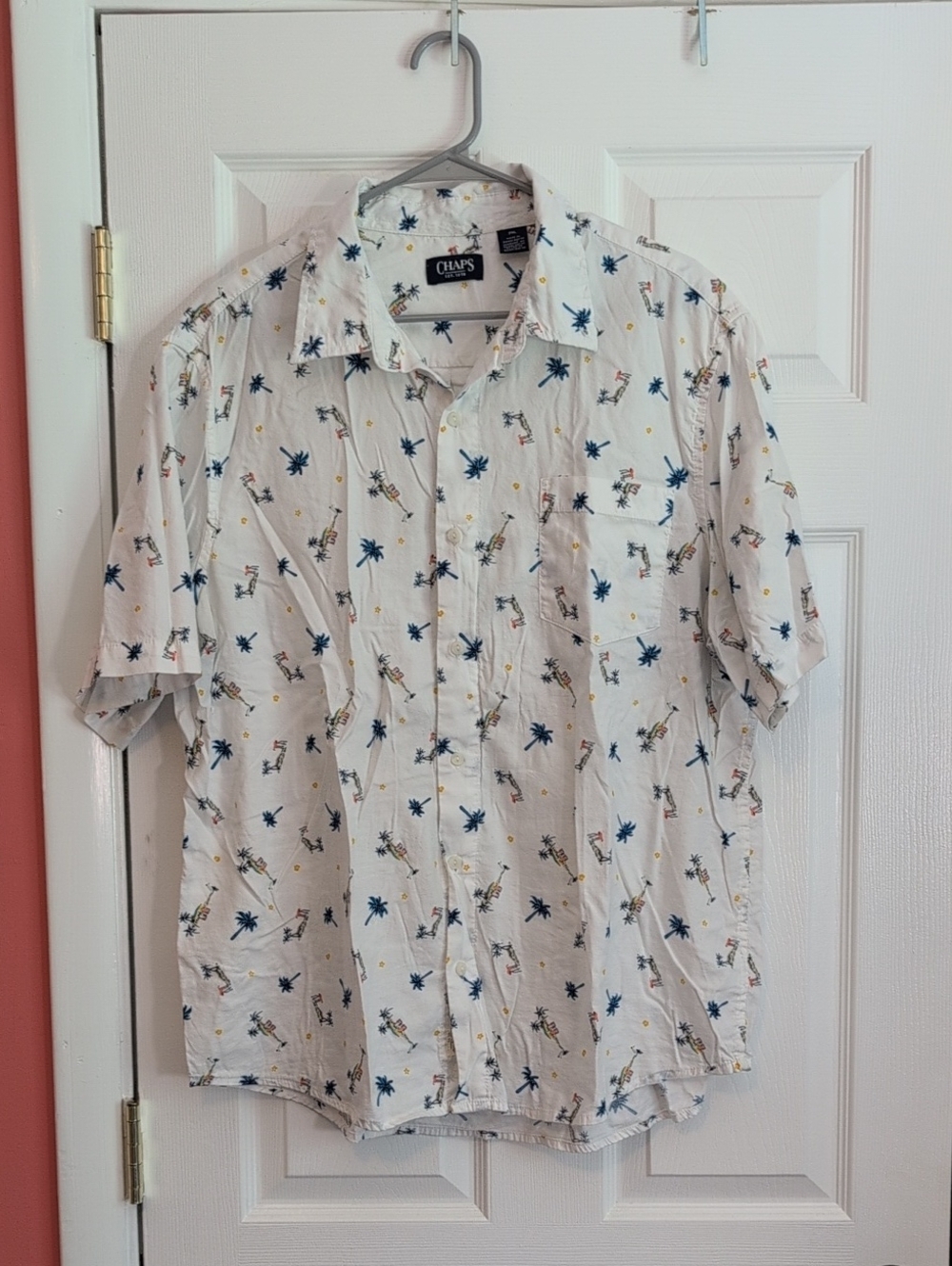 Chaps White Short-Sleeve Palm & Summer Motif Button-Down Shirt